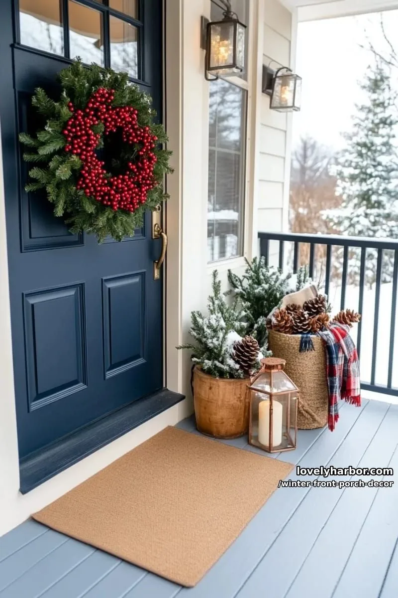 red berry wreath on a navy door with matching potted mini evergreens 1