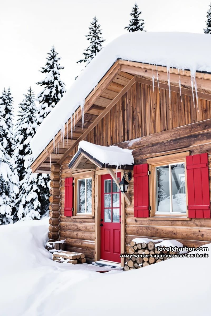 red-painted cabin shutters and doors contrasting with white winter landscapes 1