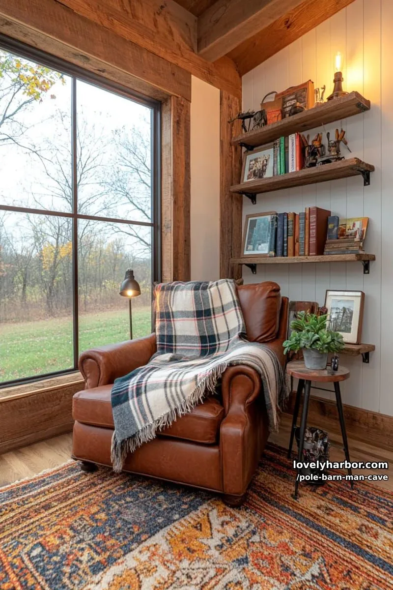 relaxing reading nook with barn windows and oversized leather armchair 1
