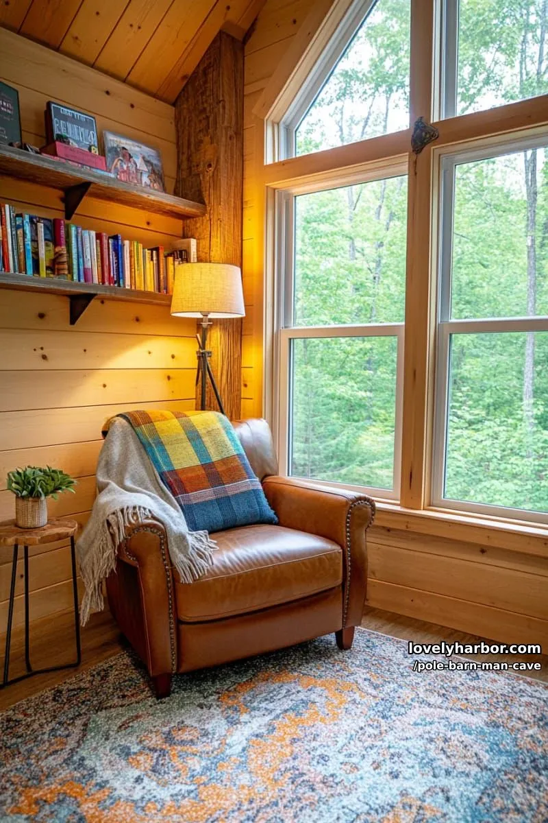 relaxing reading nook with barn windows and oversized leather armchair 1