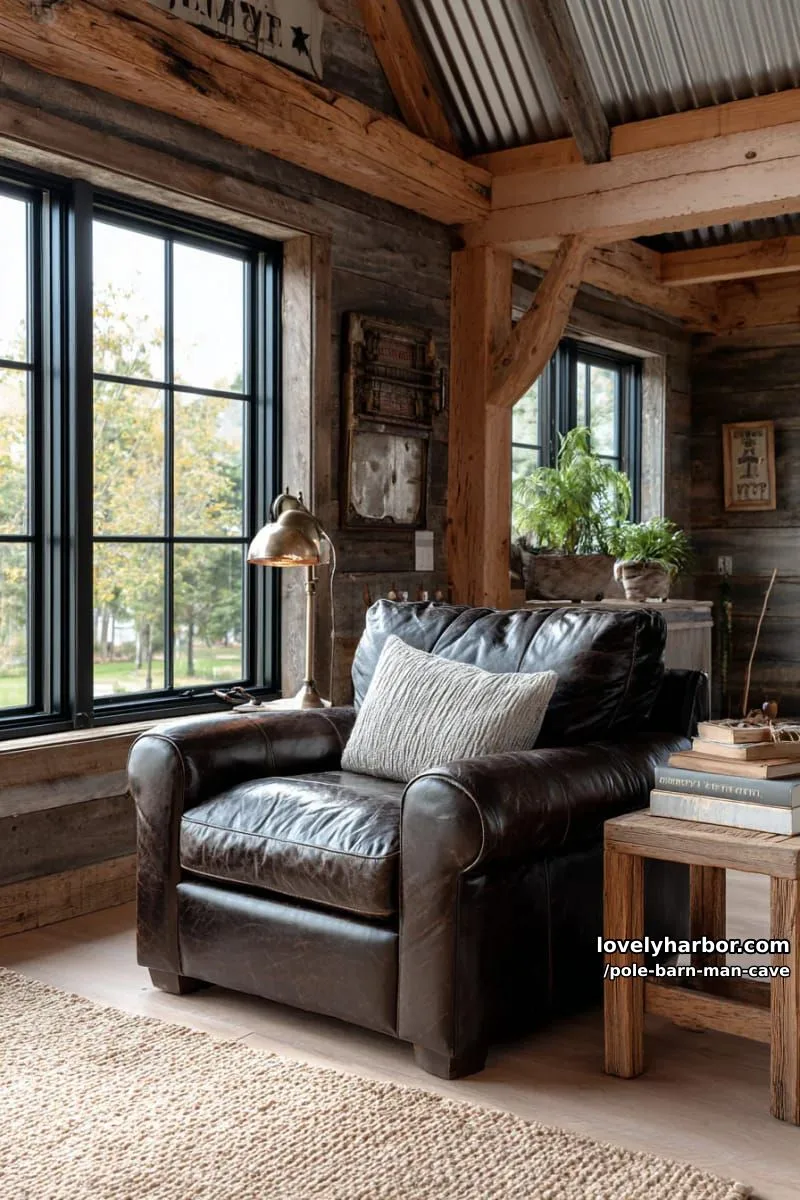 relaxing reading nook with barn windows and oversized leather armchair 1