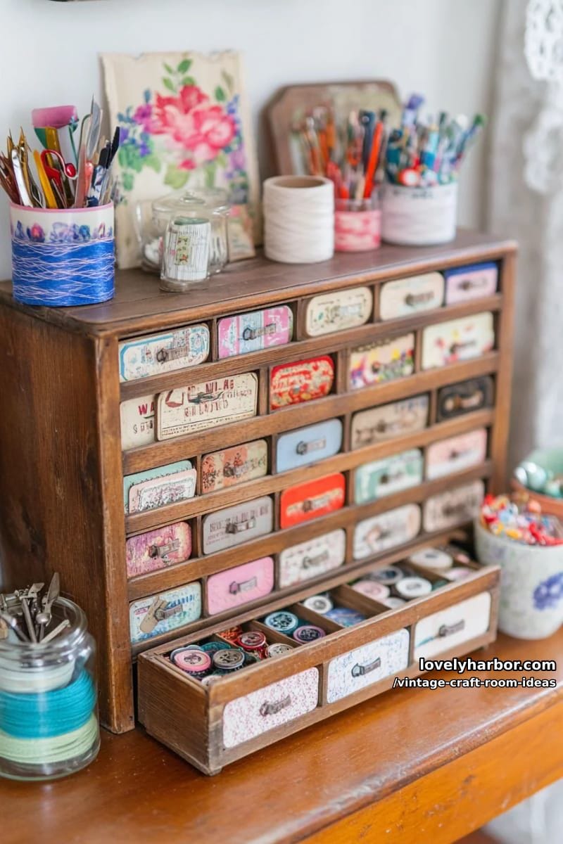 repurposed library card catalog filled with washi tapes, stamps, and ephemera 1