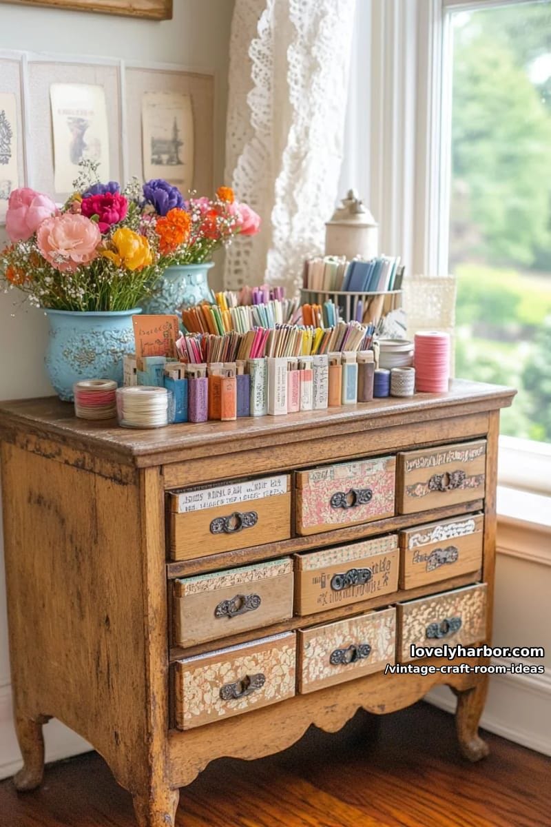 repurposed library card catalog filled with washi tapes, stamps, and ephemera 1