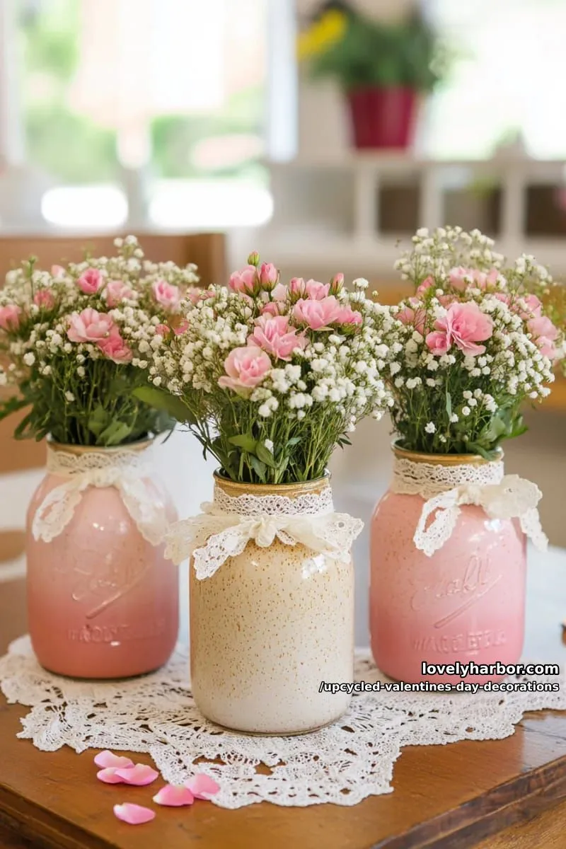 repurposed mason jar vases painted with ombré pinks and tied with lace 1