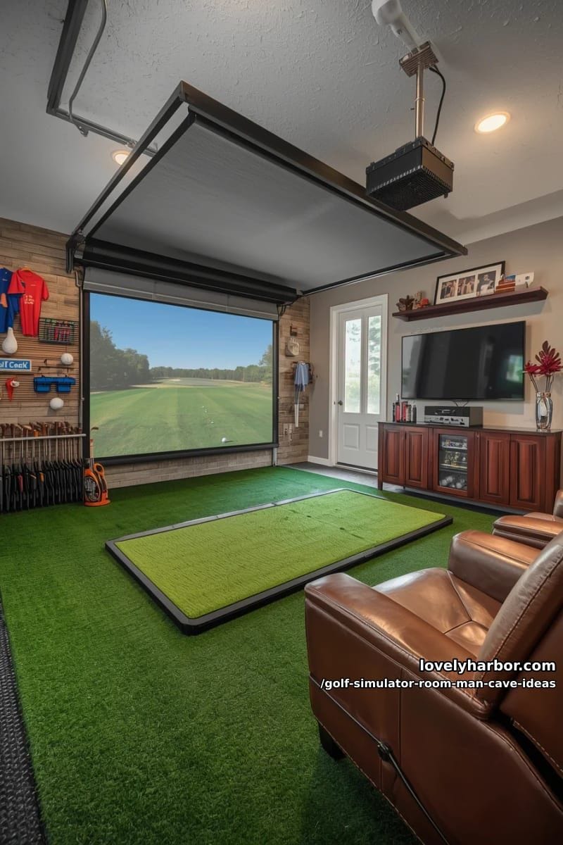 retractable golf simulator screen in a convertible garage mancave 1