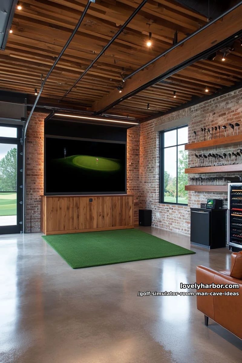 retractable golf simulator screen in a convertible garage mancave 1