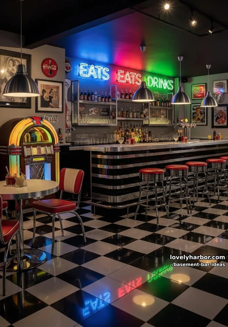 15 Modern Basement Bar Design Ideas for Comfy Entertaining 25 retro diner-style basement bar with neon signs, checkered tile floor, and jukebox corner 1