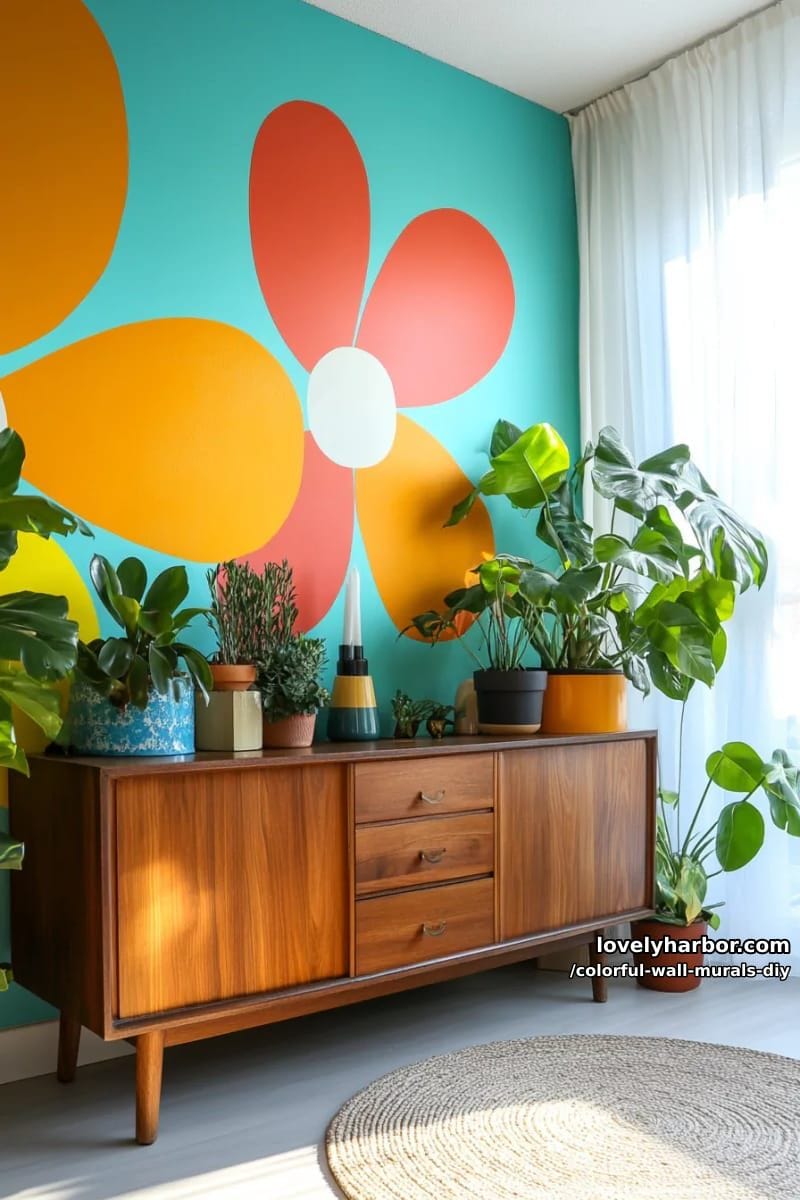 retro floral mural using large flat shapes and saturated colors 1