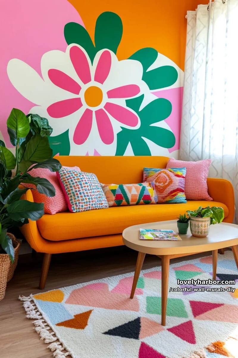 retro floral mural using large flat shapes and saturated colors 1