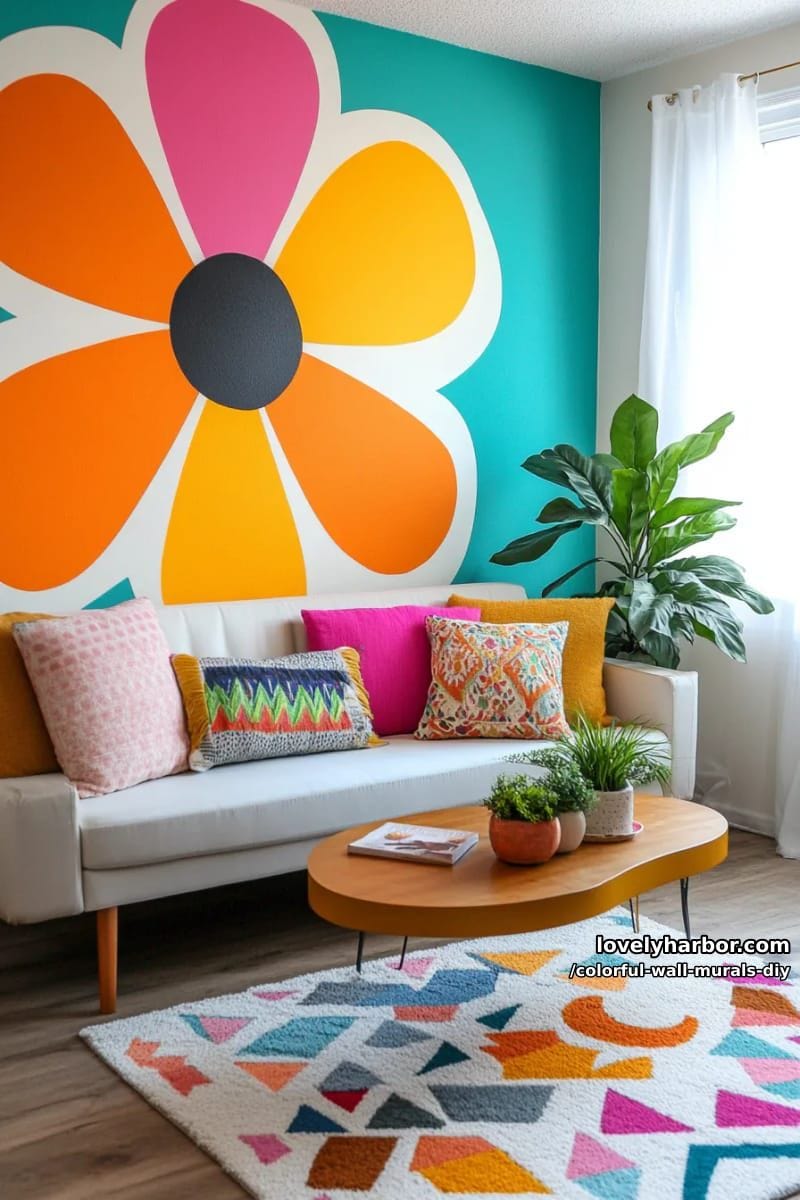 retro floral mural using large flat shapes and saturated colors 1