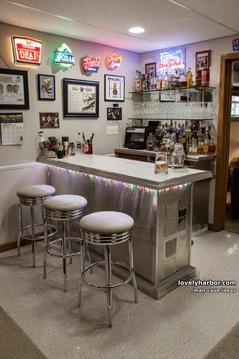 15 Classy Man Cave Ideas to Personalize Your Space 2 retro neon bar corner with vintage signs and custom led lighting accents 1