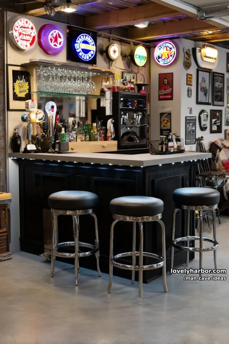 15 Classy Man Cave Ideas to Personalize Your Space 3 retro neon bar corner with vintage signs and custom led lighting accents 1