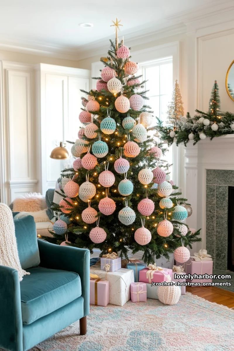 round ball ornaments in pastel ombre with gold thread sparkling trim 1