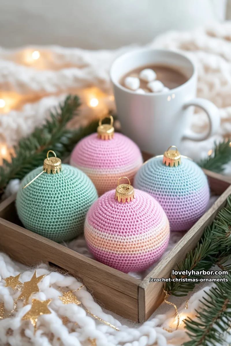 round ball ornaments in pastel ombre with gold thread sparkling trim 1