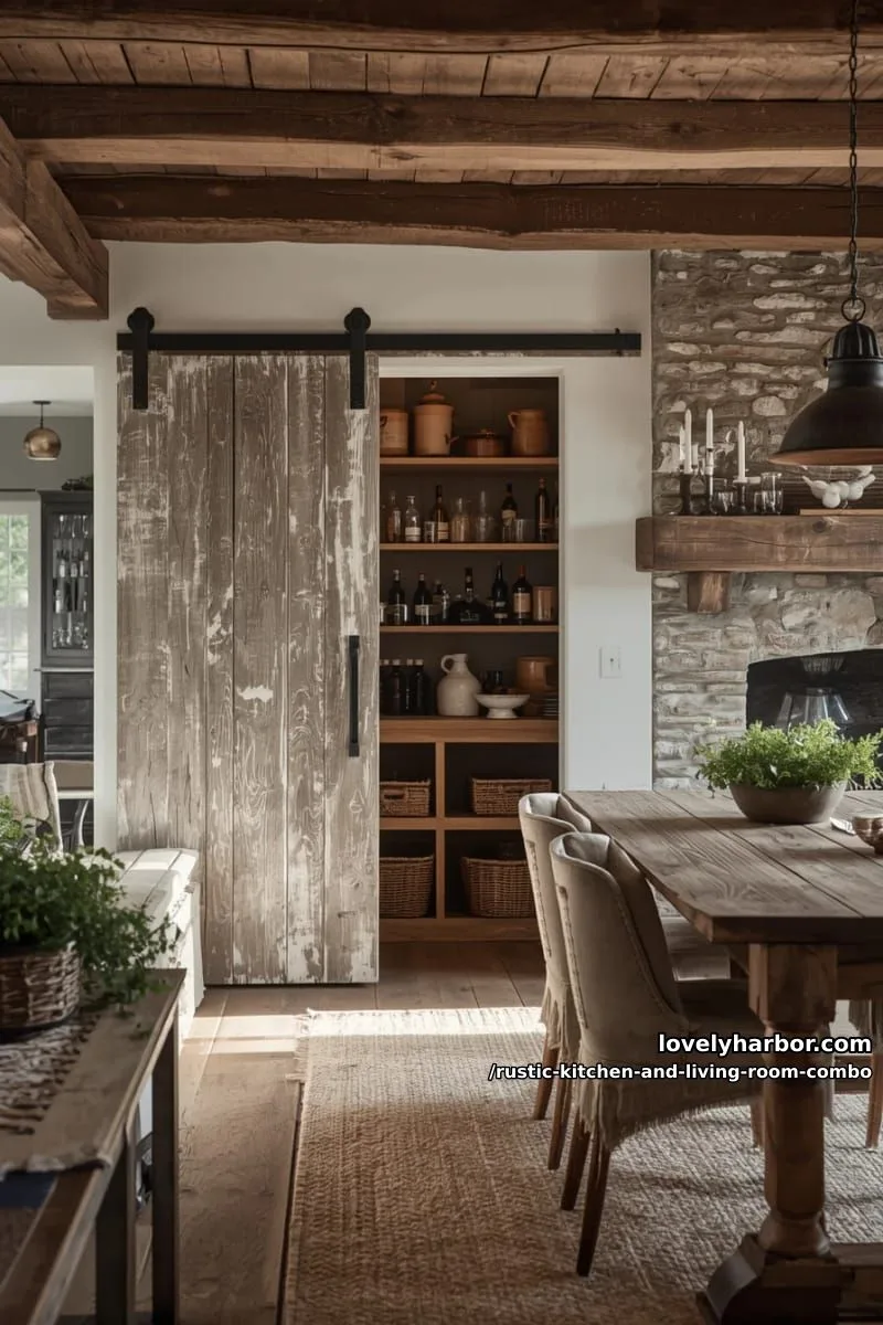 rustic barn door sliding to reveal a hidden pantry or bar 1