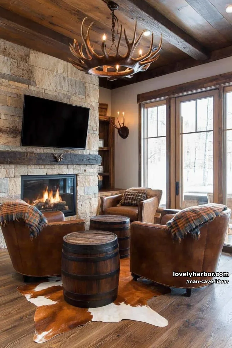 15 Classy Man Cave Ideas to Personalize Your Space 20 rustic barn-inspired lounge with reclaimed wood beams and antler chandelier 1