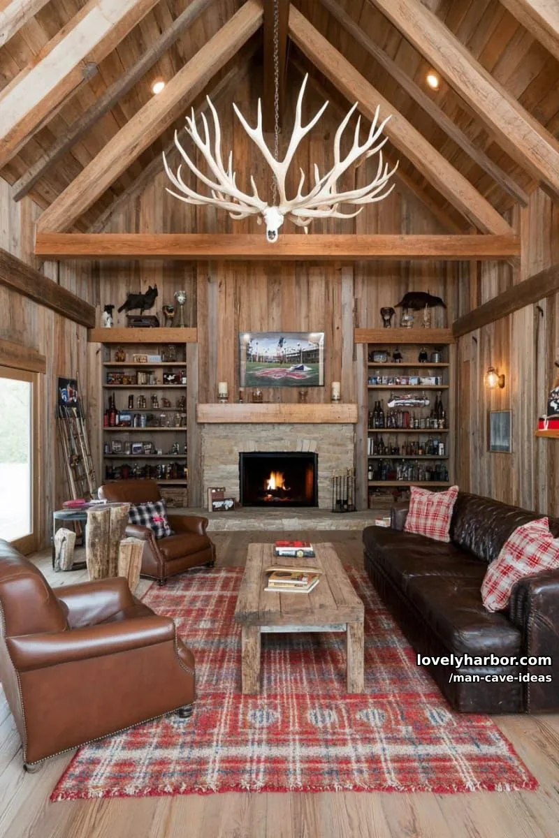 15 Classy Man Cave Ideas to Personalize Your Space 21 rustic barn-inspired lounge with reclaimed wood beams and antler chandelier 1