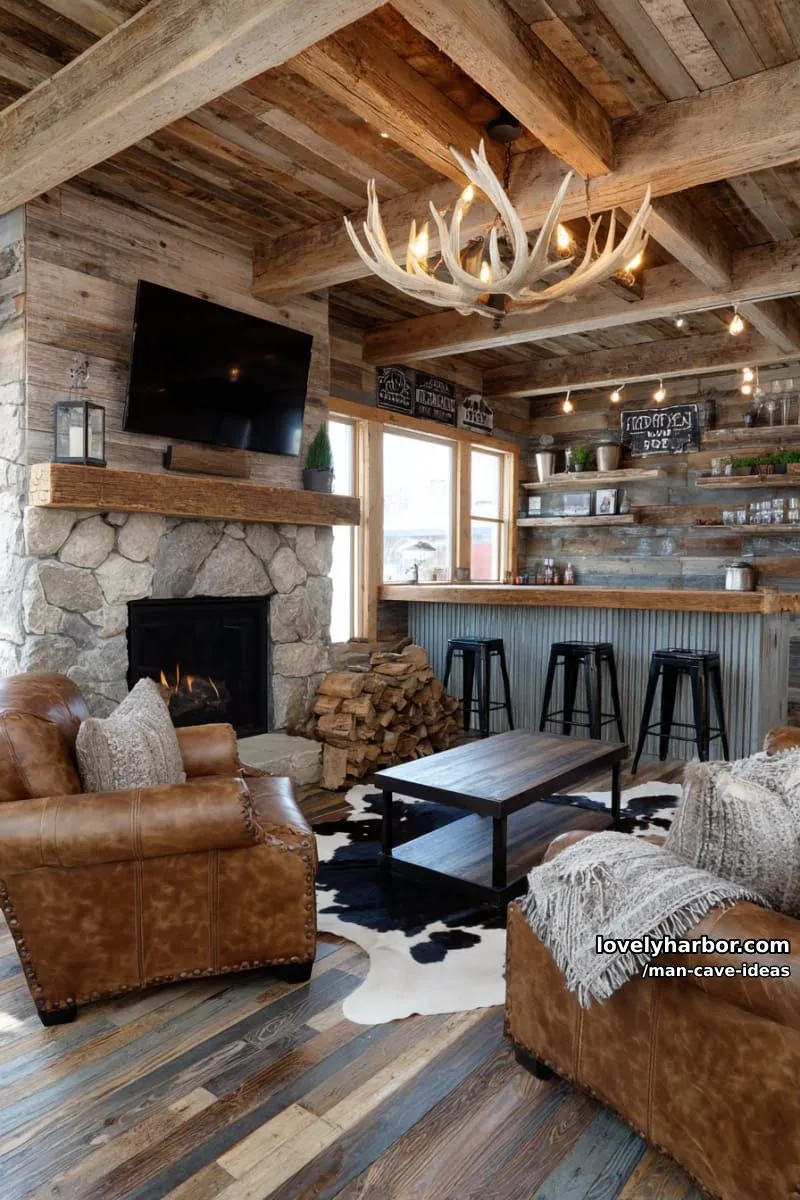 15 Classy Man Cave Ideas to Personalize Your Space 22 rustic barn-inspired lounge with reclaimed wood beams and antler chandelier 1