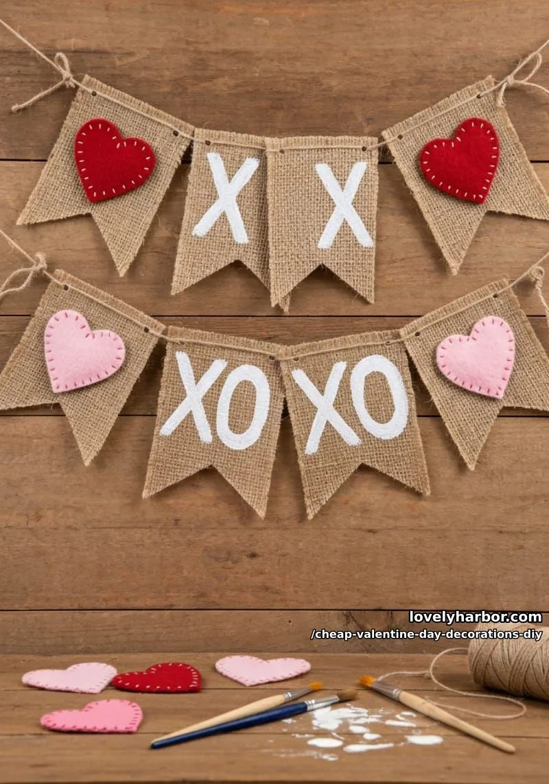 rustic burlap banner with painted xoxo letters and felt hearts 1