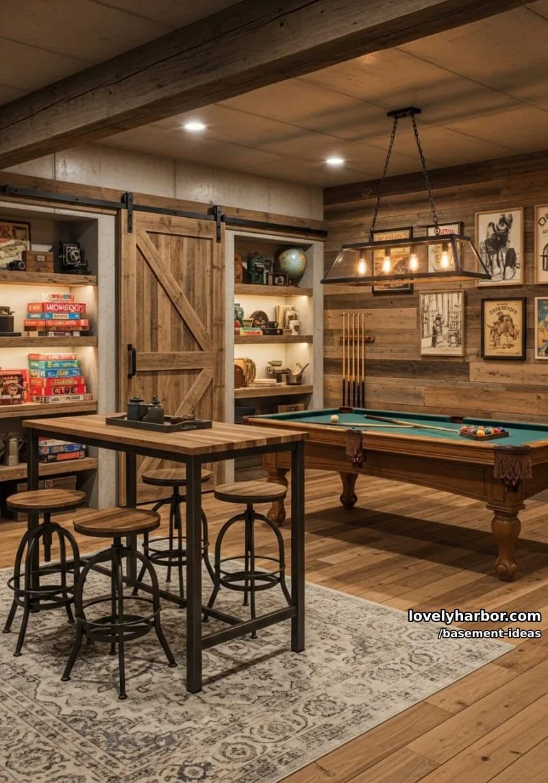 15 Creative Basement Design Ideas with Wow Factor 10 rustic farmhouse game room with barn-style sliding doors and vintage art. 1