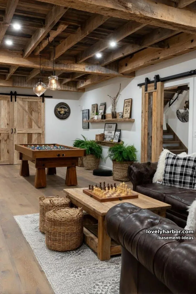 15 Creative Basement Design Ideas with Wow Factor 9 rustic farmhouse game room with barn-style sliding doors and vintage art. 1
