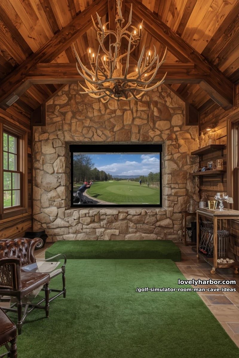 rustic golf retreat with stone accent wall and antler chandelier 1