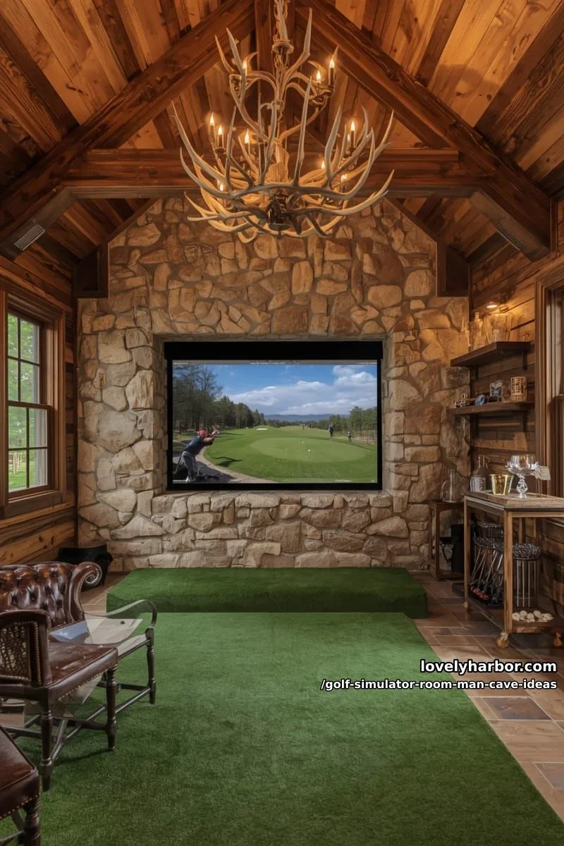 15 Cool Man Cave with Golf Simulator Room 23 rustic golf retreat with stone accent wall and antler chandelier 1