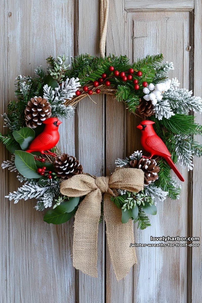 rustic grapevine base with snowy faux branches and red cardinal figurines 1
