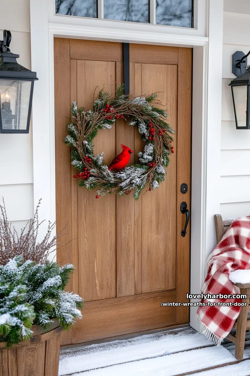 rustic grapevine base with snowy faux branches and red cardinal figurines 1