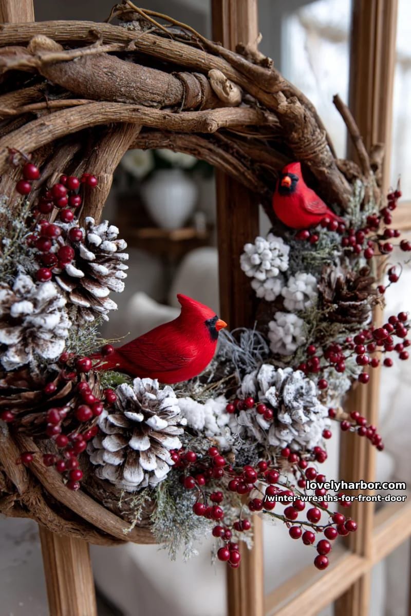 rustic grapevine base with snowy faux branches and red cardinal figurines 1