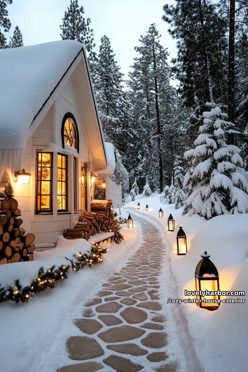 rustic lanterns lining a stone pathway through fresh powdery snow 1