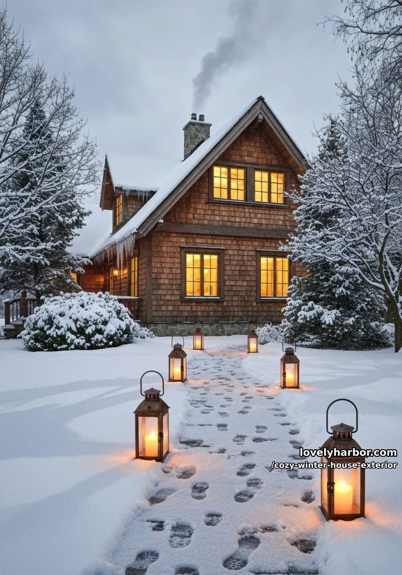 rustic lanterns lining a stone pathway through fresh powdery snow 1