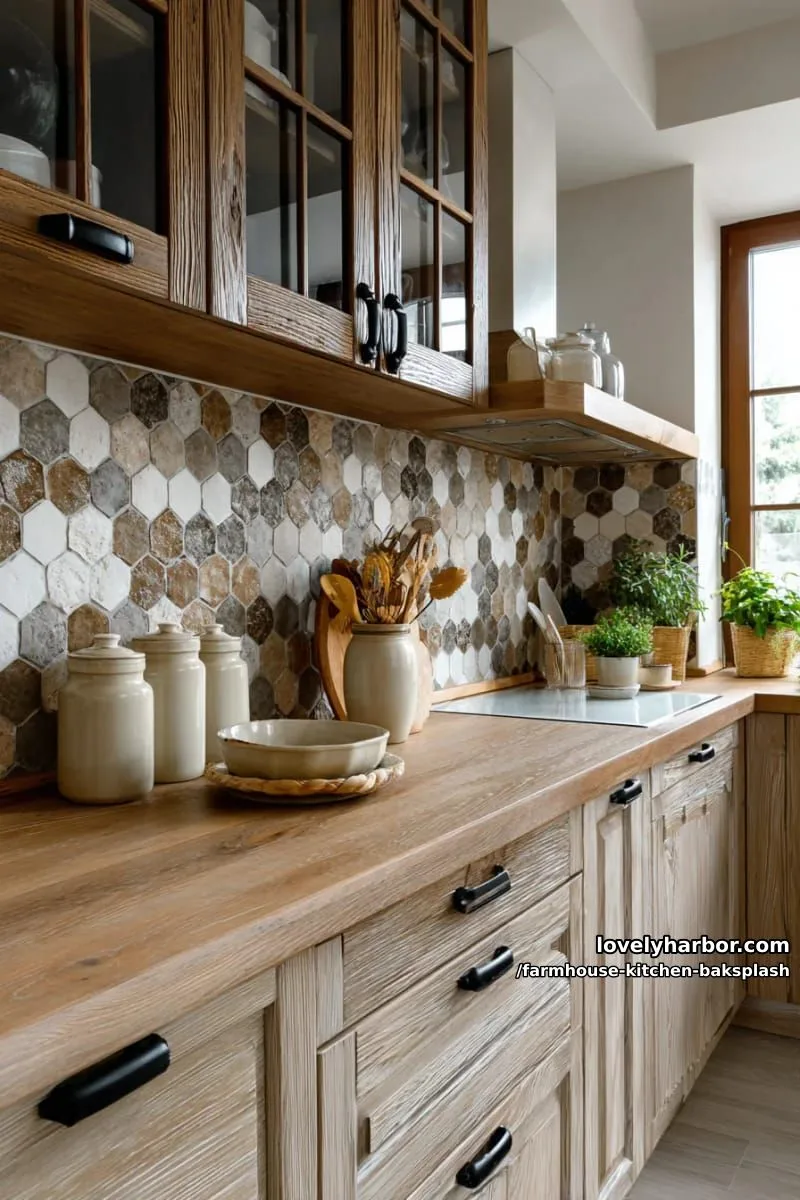 rustic mosaic backsplash with small hex tiles in earthy brown and cream tones 1