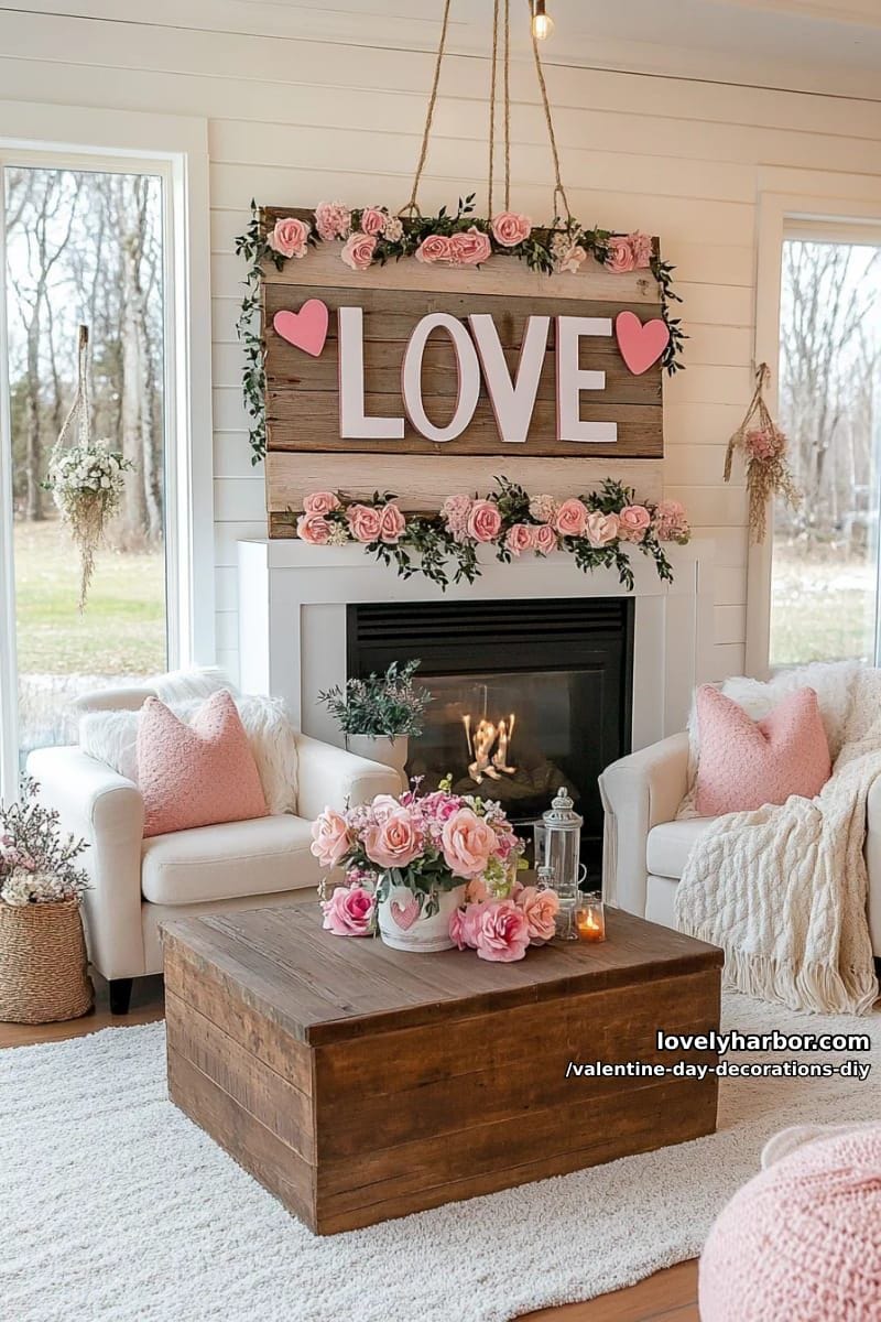 rustic twine love sign with hanging felt hearts and florals 1