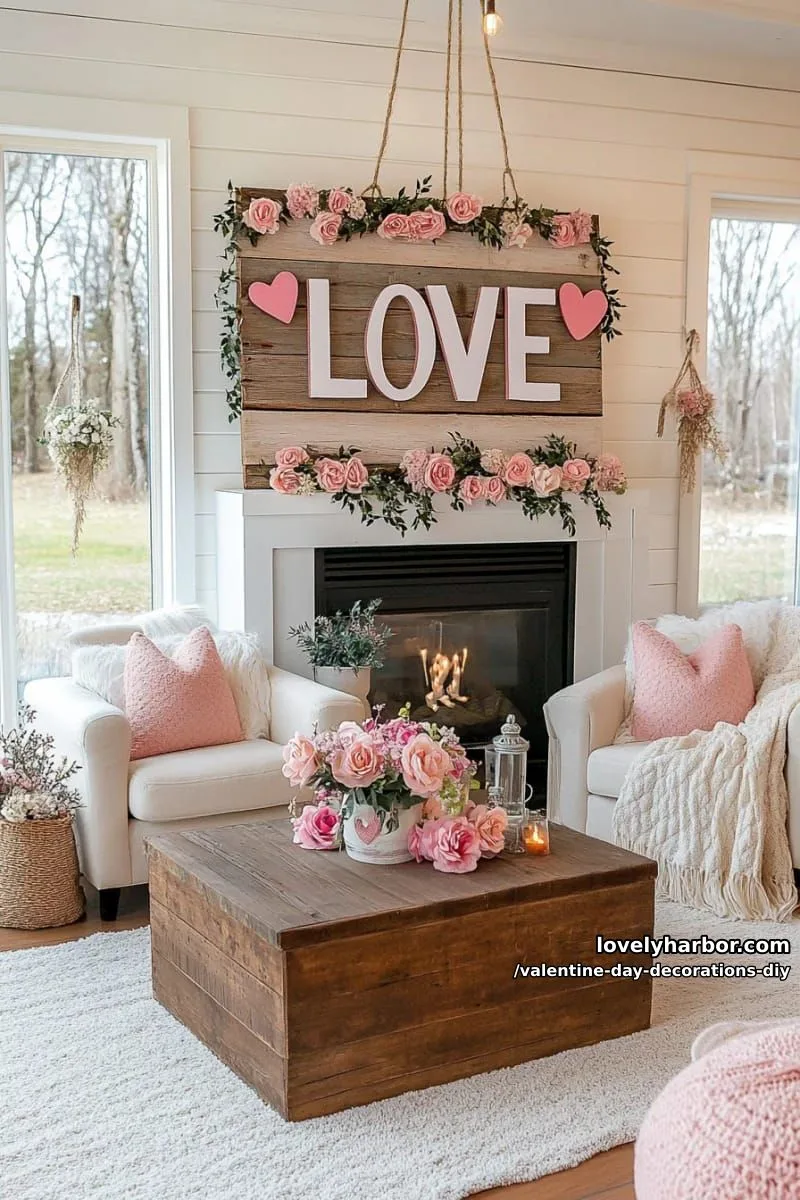 rustic twine love sign with hanging felt hearts and florals 1
