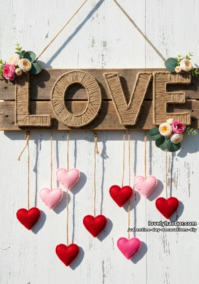 rustic twine love sign with hanging felt hearts and florals 1