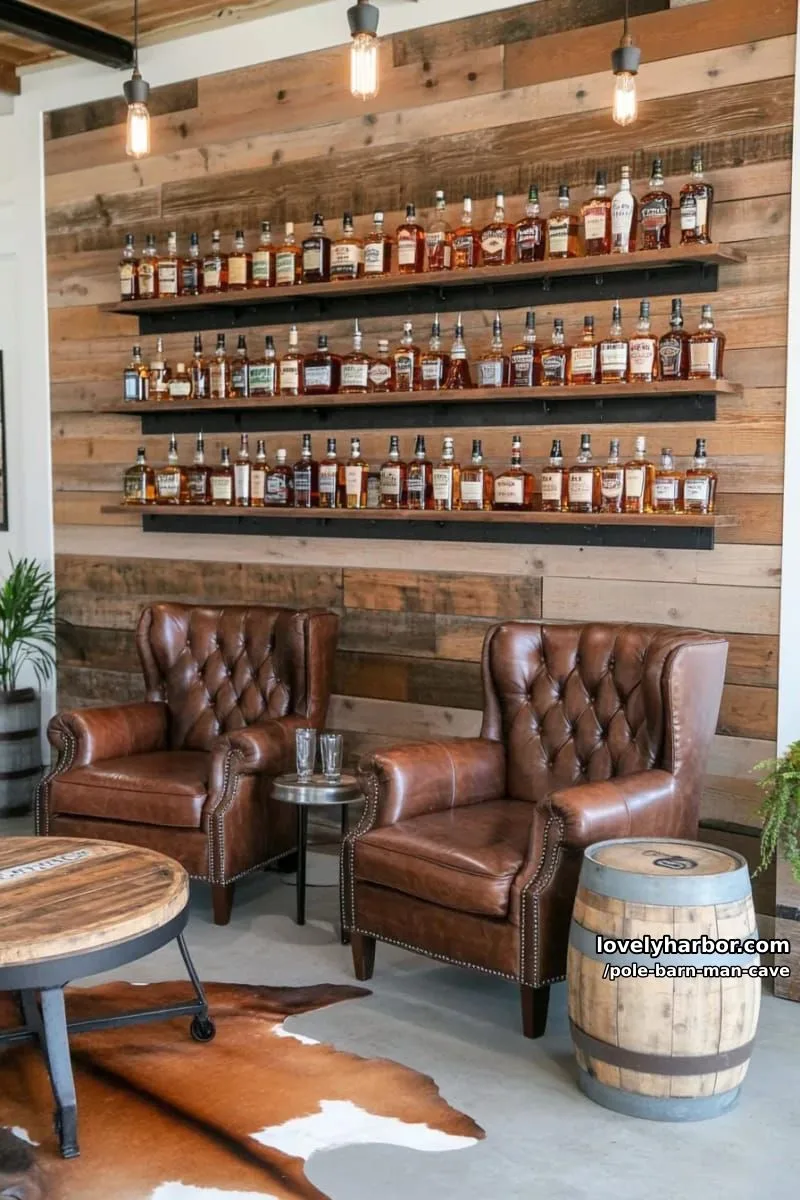 rustic whiskey tasting lounge with reclaimed wood shelves and leather armchairs 1