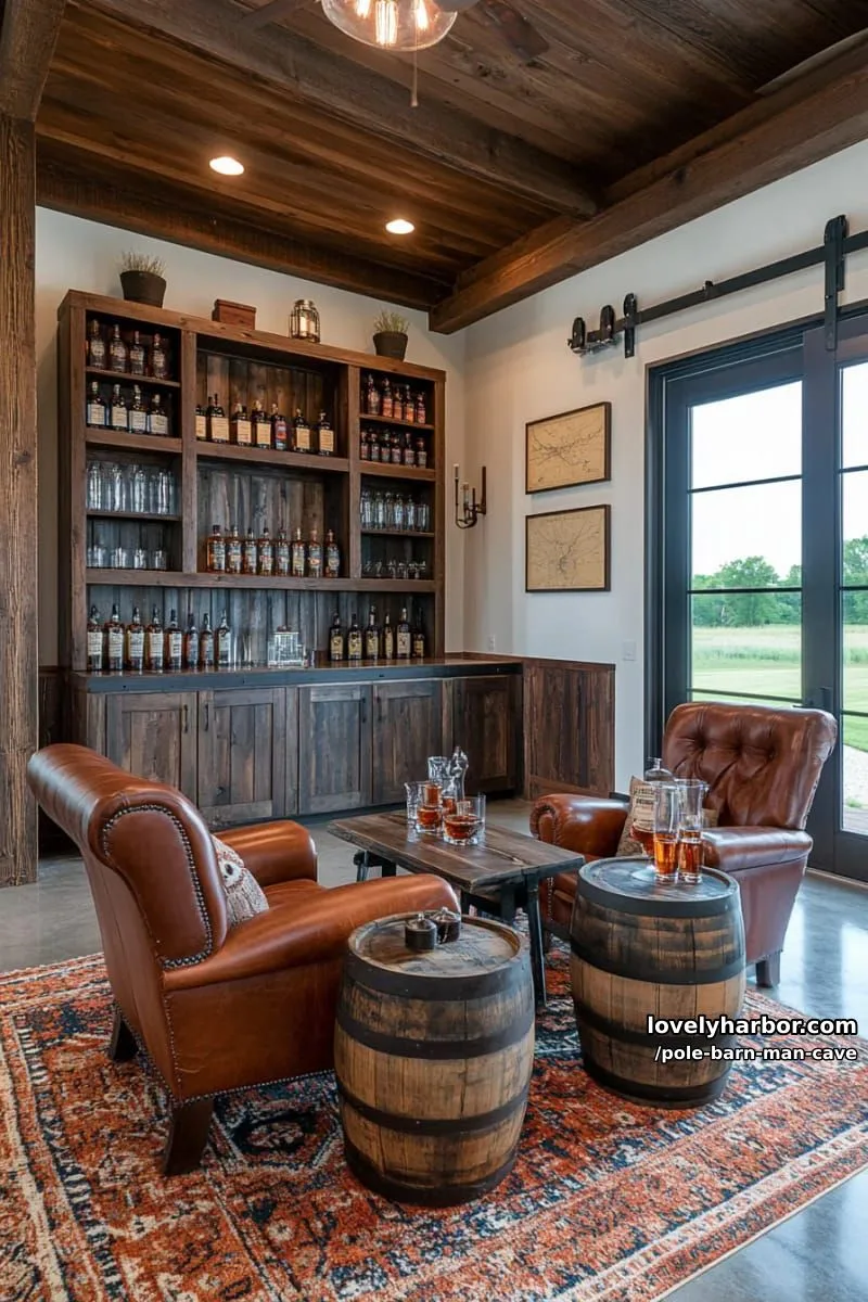 rustic whiskey tasting lounge with reclaimed wood shelves and leather armchairs 1