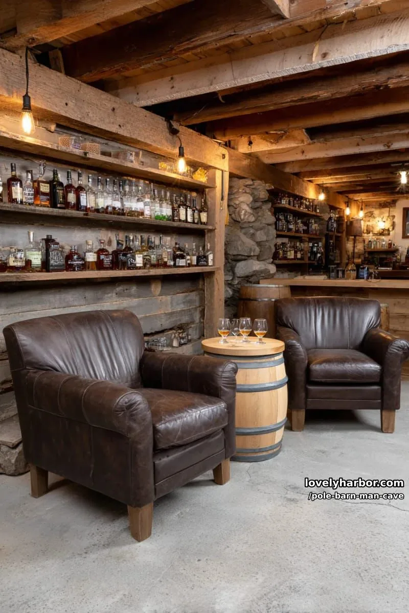 rustic whiskey tasting lounge with reclaimed wood shelves and leather armchairs 1