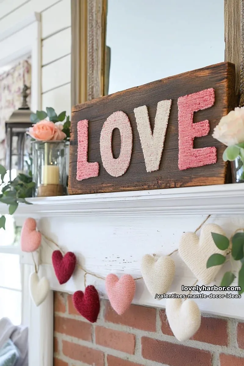 rustic wooden “love” sign with scattered velvet and felt hearts 1