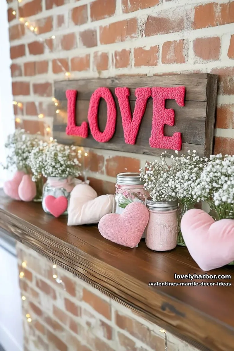 rustic wooden “love” sign with scattered velvet and felt hearts 1