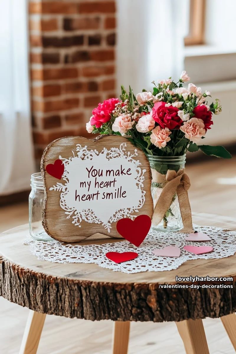 rustic wooden sign with handwritten valentine’s sayings 1