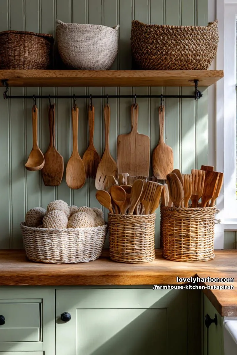 sage green beadboard backsplash with rustic wooden utensils and woven baskets 1