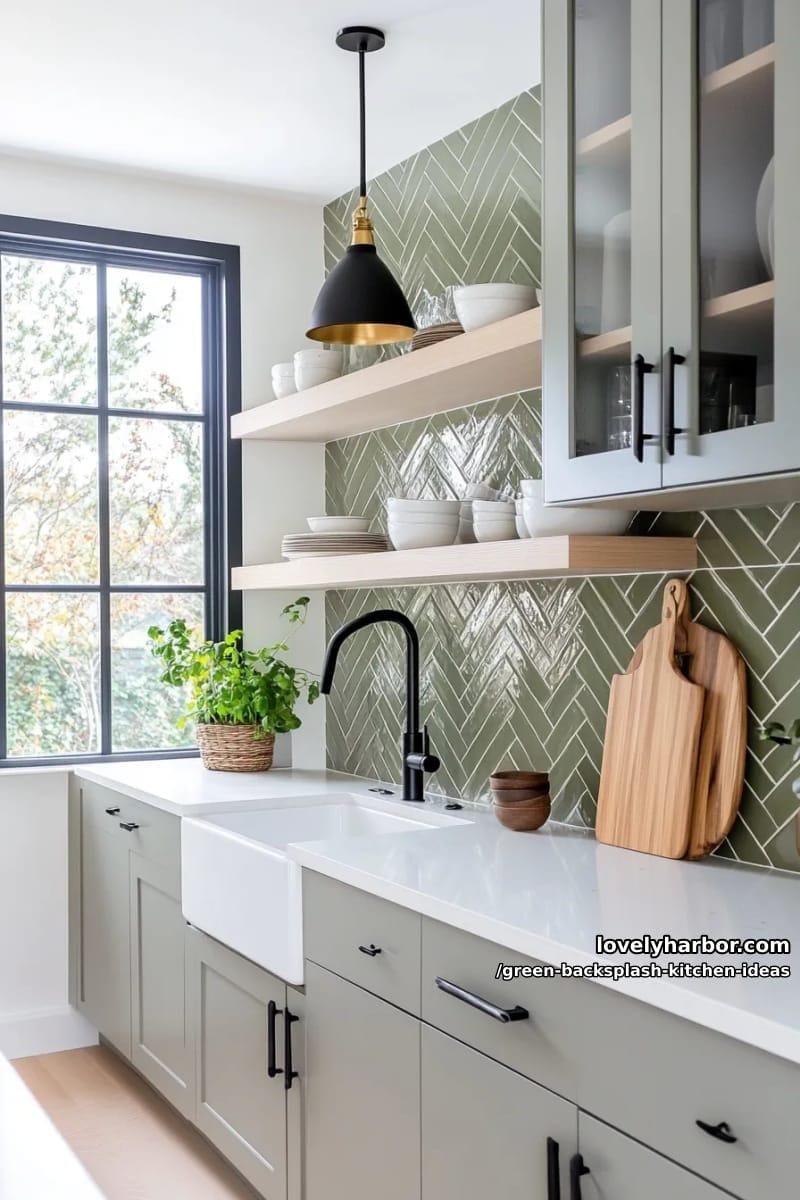 sage green herringbone tiles with matte black hardware accents. 1