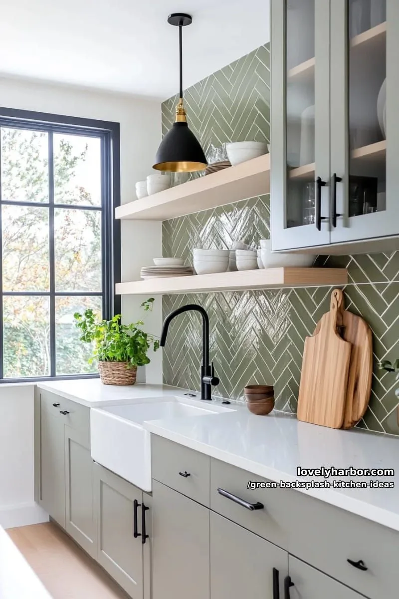 15 Green Backsplash Ideas for Modern Kitchens 4 sage green herringbone tiles with matte black hardware accents. 1