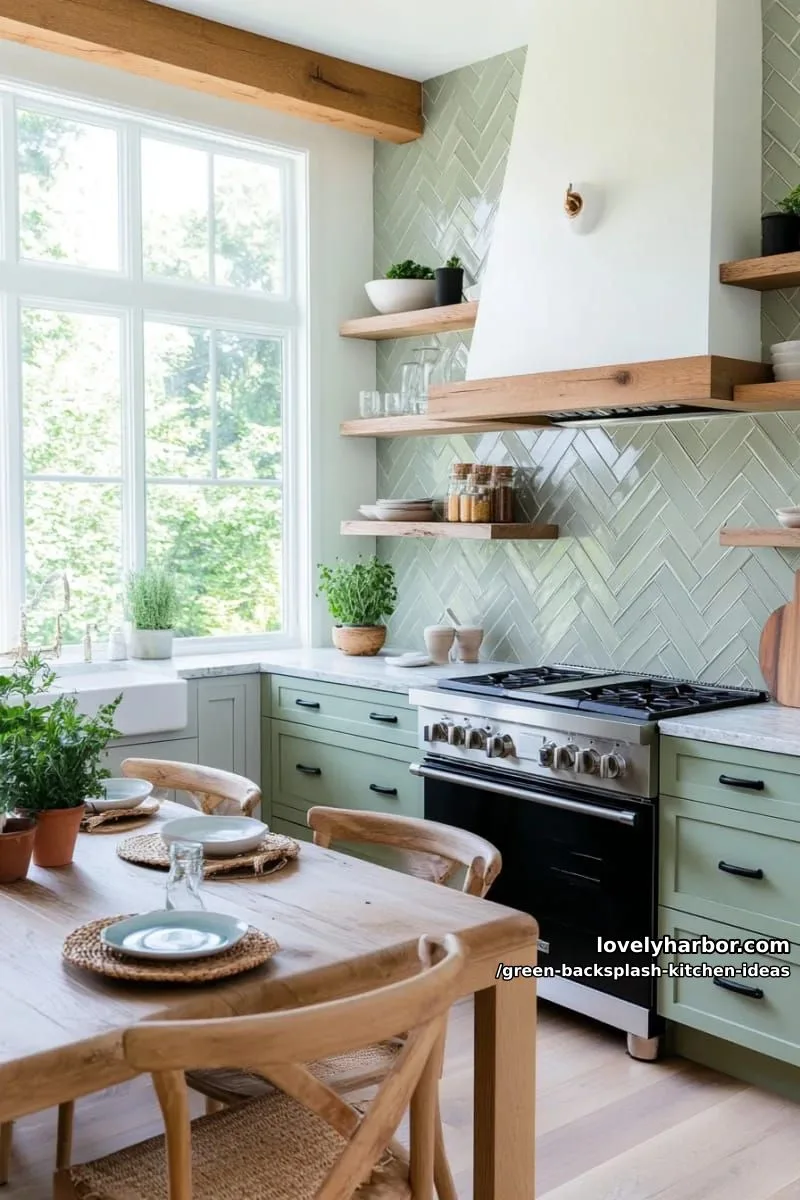 15 Green Backsplash Ideas for Modern Kitchens 5 sage green herringbone tiles with matte black hardware accents. 1