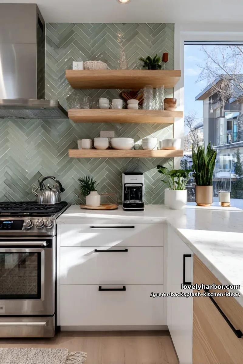 15 Green Backsplash Ideas for Modern Kitchens 6 sage green herringbone tiles with matte black hardware accents. 1