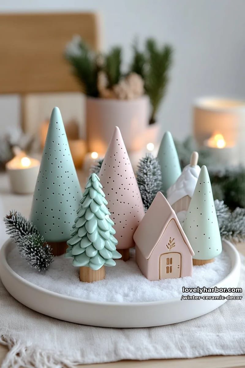 scandinavian-inspired ceramic tree forest centerpiece in snowy pastel glazes 1