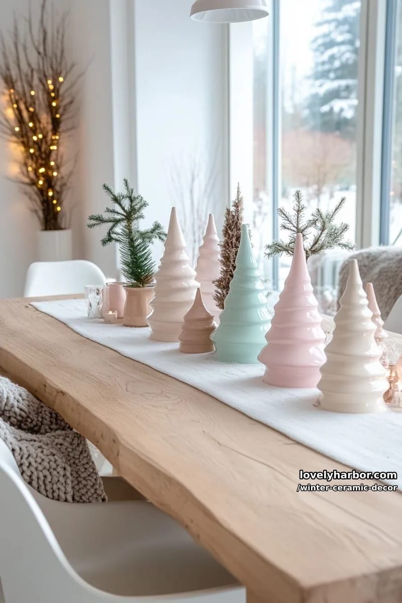 scandinavian-inspired ceramic tree forest centerpiece in snowy pastel glazes 1