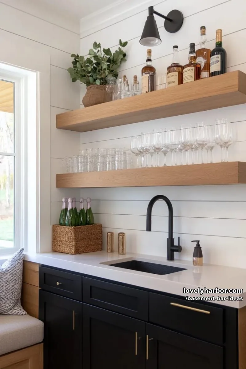 15 Modern Basement Bar Design Ideas for Comfy Entertaining 5 scandinavian-inspired minimal wet bar with floating wood shelves and matte black fixtures 1